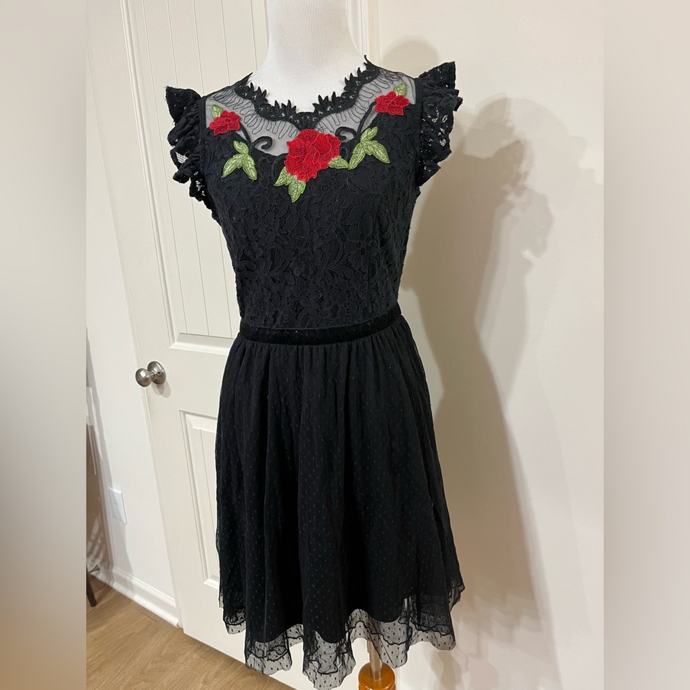 Disney Black Lace Dress with Red Floral Embroidery